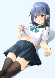 Rule 34 | 1girl, black sailor collar, black skirt, blue background, blue bow, blue hair, bow, brown thighhighs, clothes lift, commentary request, fang, feet out of frame, highres, lifted by self, long hair, lying, navel, on back, open mouth, original, pleated skirt, red eyes, sailor collar, school uniform, serafuku, shadow, shibacha, shirt, shirt lift, short sleeves, simple background, skirt, solo, thighhighs, white shirt
