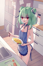 Rule 34 | 1girl, absurdres, apron, blue apron, blue collar, blue ribbon, breasts, carrot, collar, cooking, cutting board, detached collar, double bun, earrings, empty eyes, fang, food, green eyes, green hair, hair bun, hair ornament, hair ribbon, highres, holding, holding knife, holding plate, hololive, jewelry, kitchen, knife, looking at viewer, microwave, naked apron, omelet, omurice, onion, plate, ray peng, red eyes, refrigerator, ribbon, shaded face, short hair, sidelocks, sink, skull earrings, skull hair ornament, small breasts, solo, uruha rushia, vegetable, virtual youtuber, yandere
