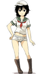 Rule 34 | 1girl, black eyes, black hair, boots, cross-laced footwear, full body, hand on own hip, hat, highres, lace-up boots, looking at viewer, midriff, murasa minamitsu, navel, neckerchief, sailor, sailor hat, shirt, short shorts, short sleeves, shorts, simple background, smile, solo, standing, touhou, white background, yudepii