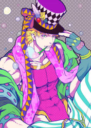 Rule 34 | 1boy, bad id, bad pixiv id, blonde hair, bubble, blowing bubbles, caesar anthonio zeppeli, facial mark, feathers, fingerless gloves, gloves, green eyes, green jacket, hat, hat feather, isi88, jacket, jobo (isi88), jojo no kimyou na bouken, leotard, lips, male focus, off shoulder, official alternate costume, pants, ribbon, scarf, solo, striped clothes, striped pants, top hat