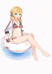 Rule 34 | 1girl, alternate costume, anchor hair ornament, bikini, black bikini, blonde hair, collarbone, cross, cross necklace, green eyes, hair between eyes, hair ornament, highres, iron cross, jacket, jewelry, kantai collection, long hair, low twintails, multicolored bikini, multicolored clothes, multicolored jacket, myuto (advent retribution), navel, necklace, open clothes, open jacket, open mouth, prinz eugen (kancolle), red bikini, red jacket, sitting, solo, swimsuit, twintails, white jacket