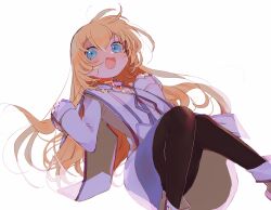 Rule 34 | 1girl, absurdres, black pantyhose, blonde hair, blue eyes, boots, colette brunel, crossed bangs, feet out of frame, hair between eyes, hands up, highres, jewelry, knees up, light blush, long hair, long sleeves, looking at viewer, nancykittyu, neck ring, necklace, open mouth, pantyhose, robe, smile, solo, tales of (series), tales of symphonia, white background, white footwear, white robe