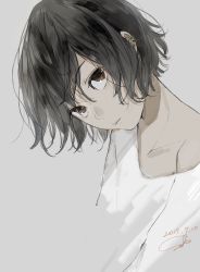 Rule 34 | 1girl, black hair, brown eyes, close-up, closed mouth, dated, grey background, head tilt, highres, looking at viewer, off shoulder, sako (35s 00), shirt, short hair, simple background, solo, white shirt