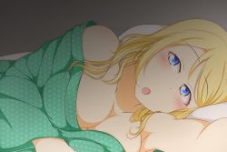Rule 34 | 10s, 1girl, armpits, ayase eli, bare shoulders, blonde hair, blue eyes, blush, breasts, cleavage, feitonokesin, hair down, large breasts, long hair, looking at viewer, love live!, love live! school idol project, lying, no bra, off shoulder, on side, open mouth, solo, upper body