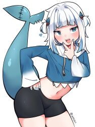 Rule 34 | 1girl, adapted costume, artist name, artist request, blue eyes, blush, breasts, fellatio gesture, fish tail, gawr gura, hand on own hip, hololive, hololive english, jacket, nails, navel, shark girl, shark tail, shorts, small breasts, smile, tail, underboob, v, white background, white hair, zipper