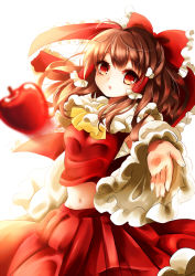 Rule 34 | 1girl, apple, ascot, bow, brown hair, detached sleeves, female focus, food, fruit, hair bow, hair tubes, hakurei reimu, highres, long hair, long sleeves, looking at viewer, midriff, navel, open mouth, outstretched arm, outstretched hand, puracotte, red eyes, shirt, skirt, skirt set, solo, touhou, wide sleeves