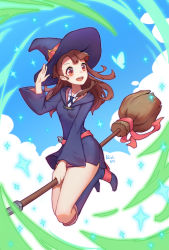 Rule 34 | 1girl, absurdres, artist name, broom, broom riding, brown hair, dress, hat, highres, kagari atsuko, kezi, little witch academia, long hair, luna nova school uniform, open mouth, red eyes, school uniform, solo, witch, witch hat