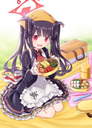 Rule 34 | 1girl, :d, apron, bento, black hair, black shirt, black skirt, blanket, blue archive, collared shirt, commentary request, day, food, food art, frilled apron, frilled skirt, frills, fuuka (blue archive), grass, halo, harada (sansei rain), head scarf, highres, holding, horns, long hair, long sleeves, looking at viewer, omelet, onigiri, open mouth, outdoors, picnic, puffy long sleeves, puffy sleeves, red eyes, red neckwear, shirt, sitting, skirt, smile, solo, tako-san wiener, tamagoyaki, twintails, very long hair, wariza, white apron