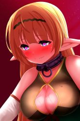 Rule 34 | 10s, 1girl, blonde hair, blue eyes, blush, bow, breasts, collar, elf, heart, heart-shaped pupils, highres, huge breasts, isekai maou to shoukan shoujo no dorei majutsu, long hair, pointy ears, shera l. greenwood, smile, solo, sweat, sweatdrop, symbol-shaped pupils, the only shoe