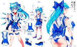 Rule 34 | 1girl, adapted costume, aged up, alternate hair length, alternate hairstyle, ass, back, bare arms, blue dress, blue eyes, blue hair, blue panties, bow, breasts, character sheet, choker, cirno, cleavage, completion time, dress, grin, hair bow, hands on own hips, high heels, highres, ice, ice wings, japanese clothes, kimono, long hair, matching hair/eyes, multiple views, ninja, nyuu (manekin-eko), panties, parody, ponytail, ribbon choker, sash, side slit, simple background, sleeveless, sleeveless kimono, smile, taimanin (series), taimanin suit, text focus, thigh strap, touhou, translation request, underwear, very long hair, wings, yukata