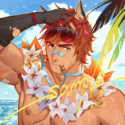 Rule 34 | 1boy, armpit hair, armpits, bandaid, bandaid on face, bandaid on nose, bara, beach, biceps, close-up, cloud, cloudy sky, elbow gloves, flower collar, gloves, hand on own head, jiecaoxiong, league of legends, looking at viewer, male focus, manly, mature male, muscular, muscular male, nipples, ocean, outdoors, palm tree, pectorals, pool party sett, red hair, sample watermark, sett (league of legends), short hair, sky, spiked hair, sunglasses, thick arms, thick eyebrows, topless male, tree, veins, veiny arms, watermark, wet, whistle, whistle around neck, wristband, yellow eyes