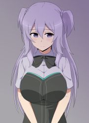 Rule 34 | 1girl, black bow, blush, bow, breasts, collared shirt, gakusen toshi asterisk, hair between eyes, highres, large breasts, light purple hair, long hair, looking at viewer, nao (ritsancrossover), oppai loli, purple eyes, school uniform, shirt, short sleeves, solo, toudou kirin, twintails