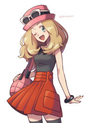 Rule 34 | 1girl, ;d, artist name, black thighhighs, bracelet, commentary request, creatures (company), eyelashes, fingernails, game freak, hat, jewelry, light brown hair, long hair, momoji (lobolobo2010), nintendo, one eye closed, open mouth, pink bag, pink hat, pleated skirt, pokemon, pokemon xy, red skirt, serena (pokemon), shirt, skirt, sleeveless, sleeveless shirt, smile, solo, thighhighs, watermark, white background