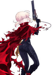 Rule 34 | 1girl, angry, artoria pendragon (all), artoria pendragon (fate), belt, black belt, black bodysuit, black gloves, blonde hair, bodysuit, braid, cape, chain, cosplay, dirge of cerberus final fantasy vii, fate/grand order, fate (series), final fantasy, final fantasy vii, frown, gloves, gun, holding, holding gun, holding weapon, multiple belts, red cape, saber alter, solo, thigh belt, thigh strap, torn cape, torn clothes, vincent valentine, vincent valentine (cosplay), weapon, white background, white eyes, yumechi