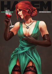 Rule 34 | 1girl, absurdres, alcohol, black gloves, breasts, cleavage reach, contemporary, cover, cup, dress, drinking glass, elbow gloves, english text, eyeshadow, fake magazine cover, freckles, garter straps, gloves, green dress, green eyes, hair bun, highres, jewelry, lace, lace-trimmed legwear, lace trim, lipstick, magazine cover, makeup, medium breasts, mole, mole under eye, monori rogue, no bra, parted lips, pelvic curtain, pendant, plunging neckline, red hair, see-through, see-through legwear, short hair, single hair bun, solo, the witcher (series), the witcher 3, thick eyebrows, thighhighs, triss merigold, updo, wine, wine glass