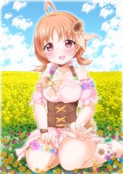 Rule 34 | 1girl, 8107ka, artist name, artist request, asakawa (8107ka), bare legs, bare shoulders, blue sky, blush, breasts, cloud, collarbone, corset, cross-laced clothes, cross-laced dress, dress, female focus, flower, hair flower, hair ornament, hairband, highres, looking at viewer, love live!, love live! school idol festival, love live! sunshine!!, medium breasts, orange hair, outdoors, parted lips, pink dress, pink skirt, puffy short sleeves, puffy sleeves, red eyes, short hair, short sleeves, skirt, sky, smile, solo, sunflower, sunflower hair ornament, takami chika, twintails, yellow hairband