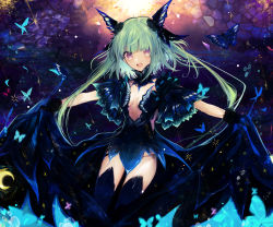 Rule 34 | 1girl, :d, absurdres, black gloves, breasts, breasts apart, bug, butterfly, commentary request, crescent, daimaou ruaeru, detached collar, dress, german commentary, gloves, green hair, head wings, highres, insect, long hair, looking at viewer, medium breasts, no bra, open mouth, original, outstretched arms, pink eyes, short sleeves, smile, solo, spread arms, standing, teeth, thighhighs, twintails, wings