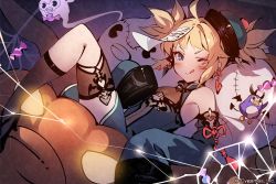 Rule 34 | 1girl, ahoge, asymmetrical legwear, bare shoulders, black socks, black thighhighs, blonde hair, blue eyes, blush, breasts, candy, cleavage cutout, clothing cutout, company name, copyright notice, detached sleeves, dress, earrings, food, ghost, granblue fantasy, green dress, hat, jack-o&#039;-lantern, jewelry, jiangshi costume, looking at viewer, official art, ofuda, one eye closed, pengy (granblue fantasy), short hair, sidelocks, silk, single sock, single thighhigh, sitting, sleeveless, sleeveless dress, sleeves past fingers, sleeves past wrists, small breasts, socks, solo, spider web, stuffed animal, stuffed penguin, stuffed toy, thigh strap, thighhighs, tongue, tongue out, uneven legwear