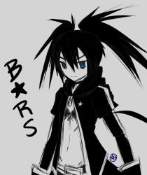 10s 1girl bad_id bad_pixiv_id bikini black_hair black_rock_shooter black_rock_shooter_(character) blue_eyes female_focus long_hair monochrome simple_background solo spot_color swimsuit twintails xkaishaku