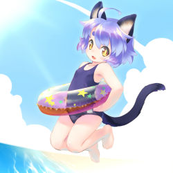 Rule 34 | 1girl, :3, :d, ahoge, animal ears, bad id, bad pixiv id, beach, blue one-piece swimsuit, cat ears, cat tail, cloud, cloudy sky, day, eyebrows, fang, flat chest, innertube, jumping, looking at viewer, mao (mizuki kotora), mizuki kotora, old school swimsuit, one-piece swimsuit, open mouth, original, purple hair, school swimsuit, short hair, sky, smile, solo, swim ring, swimsuit, tail, thick eyebrows, yellow eyes