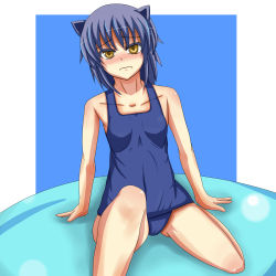 Rule 34 | 1girl, animal ears, aq interactive, arcana heart, artist request, black hair, blush, breasts, collarbone, daidouji kira, examu, frown, highres, looking at viewer, school swimsuit, short hair, sitting, slime, small breasts, swimsuit, yellow eyes