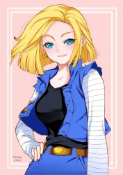 Rule 34 | 1girl, android 18, belt, black shirt, blonde hair, blue eyes, blue jacket, blue skirt, blush, breasts, brown belt, collarbone, dragon ball, dragonball z, earrings, floating hair, grin, hand on own hip, jacket, jewelry, long hair, long sleeves, looking at viewer, makeup, mascara, medium breasts, open clothes, open jacket, shirt, skirt, sleeveless, sleeveless jacket, smile, solo, standing, striped sleeves, tabby chan, white sleeves