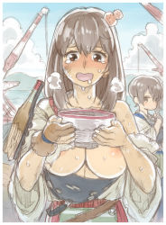 Rule 34 | 10s, 2girls, akagi (kancolle), blush, bowl, breasts, breasts out, brown hair, colored pencil (medium), drooling, pet bowl, gloves, head bump, japanese clothes, kaga (kancolle), kantai collection, large breasts, long hair, mimonel, multiple girls, muneate, nipples, partially fingerless gloves, partly fingerless gloves, side ponytail, torn clothes, traditional media, yugake