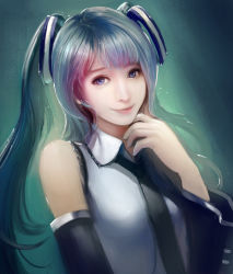Rule 34 | 1girl, aqua hair, black necktie, blouse, blue eyes, detached sleeves, gradient background, hand on own chin, hatsune miku, long hair, looking at viewer, necktie, realistic, shirt, sleeveless, sleeveless shirt, smile, solo, turewindwalker, twintails, vocaloid, white shirt