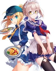 Rule 34 | 2girls, :o, ahoge, alternate costume, artoria pendragon (fate), baseball cap, black legwear, blonde hair, blue eyes, blush, dutch angle, fate/grand order, fate (series), food, food request, from below, garter straps, hair between eyes, hat, looking at viewer, menu, multiple girls, mysterious heroine x (fate), mysterious heroine x alter (fate), nonono (nononotea), omelet, omurice, shorts, simple background, thighhighs, tray, white background, yellow eyes
