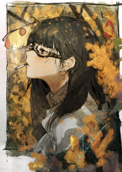 1girl black_hair bug cigarette earrings female_focus glasses highres hiranko bug jewelry long_hair moth original profile semi-rimless_eyewear smoke smoking solo stud_earrings