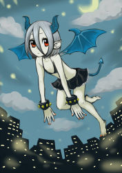 Rule 34 | 1girl, bad id, bad pixiv id, barefoot, bra, character request, cloud, crescent moon, demon girl, demon tail, demon wings, flat chest, flying, hntk, horns, lingerie, moon, nail polish, night, orange nails, original, pointy ears, red eyes, short hair, silver hair, skirt, solo, source request, star (symbol), tail, underwear, wings