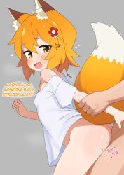 1boy 1girl animal_ear_fluff animal_ears arm_grab blonde_hair bottomless commentary english_commentary english_text fang fox_ears fox_girl fox_tail grabbing_another&#039;s_arm grey_background hair_ornament highres mikoscrub off-shoulder_shirt off_shoulder open_mouth oversized_clothes plap senko_(sewayaki_kitsune_no_senko-san) sewayaki_kitsune_no_senko-san sex shirt short_sleeves simple_background speech_bubble standing standing_sex sweat tail white_shirt yellow_eyes