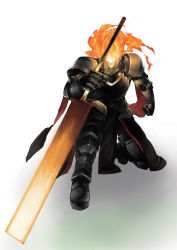 Rule 34 | 1boy, armor, fantasy, fiery hair, fire, gauntlets, glowing, glowing sword, glowing weapon, greaves, helm, helmet, holding, holding sword, holding weapon, knight, living armor, male focus, on one knee, original, pauldrons, ro g (oowack), scratches, shoulder armor, solo, sword, vambraces, weapon