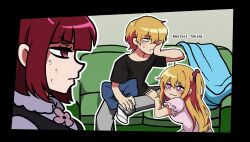 Rule 34 | 1boy, 2girls, :3, arima kana, artist name, black border, black shirt, blanket, blonde hair, blue eyes, bob cut, border, brother and sister, commentary request, couch, highres, hoshino aquamarine, hoshino ruby, korean commentary, looking to the side, multiple girls, nemlei (style), oshi no ko, outline, pillow, pink eyes, pink shirt, puffy short sleeves, puffy sleeves, red eyes, red hair, shirt, short hair, short sleeves, siblings, sitting, star-shaped pupils, star (symbol), sweatdrop, symbol-shaped pupils, the coffin of andy and leyley, twitter username, watasi tokimi, white outline