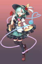 Rule 34 | 1girl, absurdres, adapted costume, alternate costume, black thighhighs, eyeball, flower, full body, gloves, gradient background, green eyes, green hair, hair over one eye, hat, hat flower, hat ribbon, heart, heart-shaped pupils, heart of string, highres, komeiji koishi, long sleeves, looking at viewer, mary janes, matching hair/eyes, neetsr, open mouth, puffy sleeves, ribbon, rose, shirt, shoes, short hair, skirt, smile, solo, standing, standing on one leg, string, symbol-shaped pupils, thighhighs, third eye, tiptoes, touhou, vest, white gloves, wide sleeves, zettai ryouiki