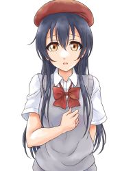 Rule 34 | 10s, 1girl, arm behind back, blouse, blue hair, bow, bowtie, collared shirt, commentary request, hair between eyes, hat, long hair, looking at viewer, love live!, love live! school idol festival, love live! school idol project, open mouth, red bow, red bowtie, red hat, shirt, simple background, solo, sonoda umi, standing, tetopetesone, white background, white shirt, yellow eyes