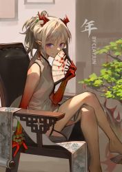 Rule 34 | 1girl, arknights, artist name, bonsai, chair, character name, china dress, chinese clothes, chinese text, clay (clayjun), colored skin, dragon girl, dragon horns, dragon tail, dress, fan over face, hand fan, highres, holding, holding fan, horns, crossed legs, long hair, looking at viewer, multicolored hair, nian (arknights), nian (unfettered freedom) (arknights), official alternate costume, pointy ears, ponytail, purple eyes, red hair, red skin, sandals, sitting, smile, solo, streaked hair, tail, white dress, white hair
