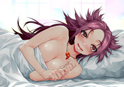 Rule 34 | 10s, 1girl, bed, bed sheet, blush, breasts, brown eyes, cleavage, eyebrows, glint, happa (cloverppd), highres, jewelry, jun&#039;you (kancolle), kantai collection, large breasts, long hair, looking at viewer, lying, magatama, naked sheet, necklace, nose blush, nude, on bed, on side, parted lips, pillow, pov across bed, purple eyes, purple hair, ring, smile, solo, sparkle, spiked hair, under covers, wedding band