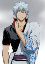 Rule 34 | 1boy, black shirt, blue hair, collarbone, gintama, gradient background, grey background, hadanugi dousa, hair between eyes, hand up, highres, japanese clothes, kimono, long sleeves, looking away, looking to the side, male focus, open clothes, open kimono, parted lips, red eyes, sakata gintoki, shirt, short sleeves, solo, twitter username, upper body, uraki (tetsu420), white background, white kimono, wide-eyed, wide sleeves