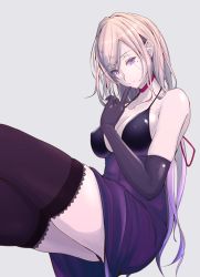 Rule 34 | 1girl, akiyama cz4a, alternate costume, alternate hair color, bare shoulders, blonde hair, breasts, choker, cleavage, collarbone, covered erect nipples, crossed legs, dress, earrings, elbow gloves, eyebrows, eyes visible through hair, finger to mouth, gloves, gradient hair, grey background, hair over one eye, hair ribbon, half-closed eyes, highres, jewelry, lace, lace-trimmed legwear, lace trim, large breasts, lips, long hair, looking at viewer, medium breasts, mole, mole under eye, multicolored hair, no headwear, panties, pantyshot, purple dress, purple eyes, purple gloves, purple hair, purple panties, purple thighhighs, ribbon, shiny clothes, shiny skin, short dress, simple background, smile, solo, stud earrings, thighhighs, thighs, touhou, underwear, very long hair, yakumo yukari