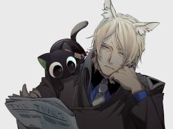 Rule 34 | 2boys, animal, animal ear fluff, animal ears, animal on shoulder, arknights, arm support, black cat, black suit, blonde hair, blue shirt, cat, formal, frown, heixiu, holding, holding newspaper, horse boy, horse ears, ieiieiiei, long sleeves, looking at viewer, luo xiaohei zhanji, mlynar (arknights), multiple boys, necktie, newspaper, o o, reading, shirt, short hair, simple background, suit, upper body, white background, yellow eyes, yellow necktie
