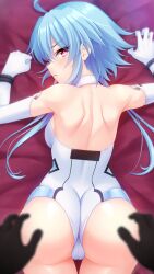 Rule 34 | 1girl, ass, back, bare shoulders, blue hair, blush, breasts, cameltoe, collar, elbow gloves, from behind, gloves, hair between eyes, highres, irori (irorixc), leotard, light blue hair, looking back, neptune (series), power symbol, power symbol-shaped pupils, red eyes, short hair with long locks, small breasts, solo, symbol-shaped pupils, thighhighs, white gloves, white heart (neptunia), white leotard