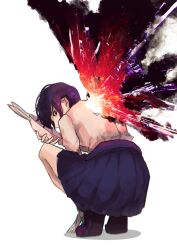 1girl absurdres grey_shirt highres holding holding_mask kagune_(tokyo_ghoul) kirishima_touka kuromakigaeru looking_at_viewer looking_back mask miniskirt pleated_skirt purple_hair purple_skirt rabbit_mask shirt shoes skirt solo squatting tokyo_ghoul unworn_mask white_background wings