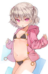 Rule 34 | 1girl, :o, bikini, black bikini, breasts, collarbone, commentary request, grey hair, hair between eyes, hood, hood down, hooded jacket, jacket, kurasuke, long sleeves, looking at viewer, multi-strapped bikini, navel, open clothes, open jacket, original, parted lips, pink eyes, pink jacket, sleeves past wrists, small breasts, solo, swimsuit, two side up, v-shaped eyebrows, white background