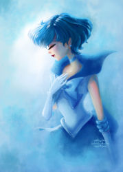 Rule 34 | 1girl, absurdres, artist name, bishoujo senshi sailor moon, blue hair, blue sailor collar, blue theme, earrings, elbow gloves, closed eyes, gabrielle andhita, gloves, hand on own chest, highres, jewelry, lipstick, makeup, mizuno ami, pink lips, profile, sailor collar, sailor mercury, short hair, solo, stud earrings, very short hair, white gloves