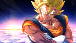 Rule 34 | 1boy, aqua eyes, blonde hair, crossed arms, dragon ball, dragonball z, earrings, gloves, grin, jewelry, looking at viewer, male focus, muscular, muscular male, potara earrings, rom (20), smile, solo, spiked hair, super saiyan, super saiyan 1, upper body, vegetto, white gloves
