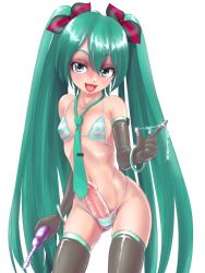 Rule 34 | 1girl, anal beads, aqua eyes, aqua hair, bikini, bracelet, breasts, censored, convenient censoring, elbow gloves, covered erect nipples, eyelashes, futanari, glitter, gloves, hatsune miku, jewelry, lipstick, long hair, makeup, navel, necktie, o-minato, open mouth, penis, pointless censoring, sex toy, small breasts, smile, solo, standing, striped, swimsuit, thighhighs, twintails, very long hair, vocaloid
