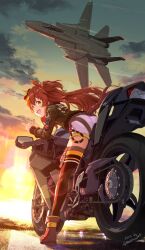 Rule 34 | 1girl, aircraft, airplane, bomber jacket, brown hair, dated, estrella (uypu4574), f-14 tomcat, fighter jet, green jacket, highres, jacket, jet, lens flare, long hair, mayano top gun (umamusume), military, military vehicle, on motorcycle, runway, shorts, signature, sitting, sitting on object, smile, solo, thumbs up, top gun, top gun: maverick, umamusume, vehicle request, white shorts, yellow eyes