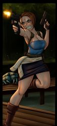 Rule 34 | 1girl, angry, bare shoulders, belt, blue eyes, boots, breasts, brown hair, capcom, cleavage, gun, jill valentine, police, police uniform, policewoman, resident evil, resident evil 3: nemesis, running, short hair, skirt, solo, sweater, thighs, tree, uniform, water, weapon, wetland
