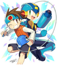Rule 34 | 2boys, :d, ;), arm cannon, back-to-back, black bodysuit, black shorts, blue footwear, blue headband, blue headwear, blush, bodysuit, boots, brown eyes, brown hair, brown vest, clenched hand, commentary request, dated, green eyes, grin, happy, headband, helmet, holding, iroyopon, lan hikari (mega man), leg up, long sleeves, looking at viewer, looking back, male focus, mega man (series), mega man battle network, mega man battle network (series), megaman.exe, multiple boys, netnavi, one eye closed, open mouth, personal terminal, shirt, shorts, signature, smile, spiked hair, teeth, upper teeth only, vest, weapon, white background, white shirt